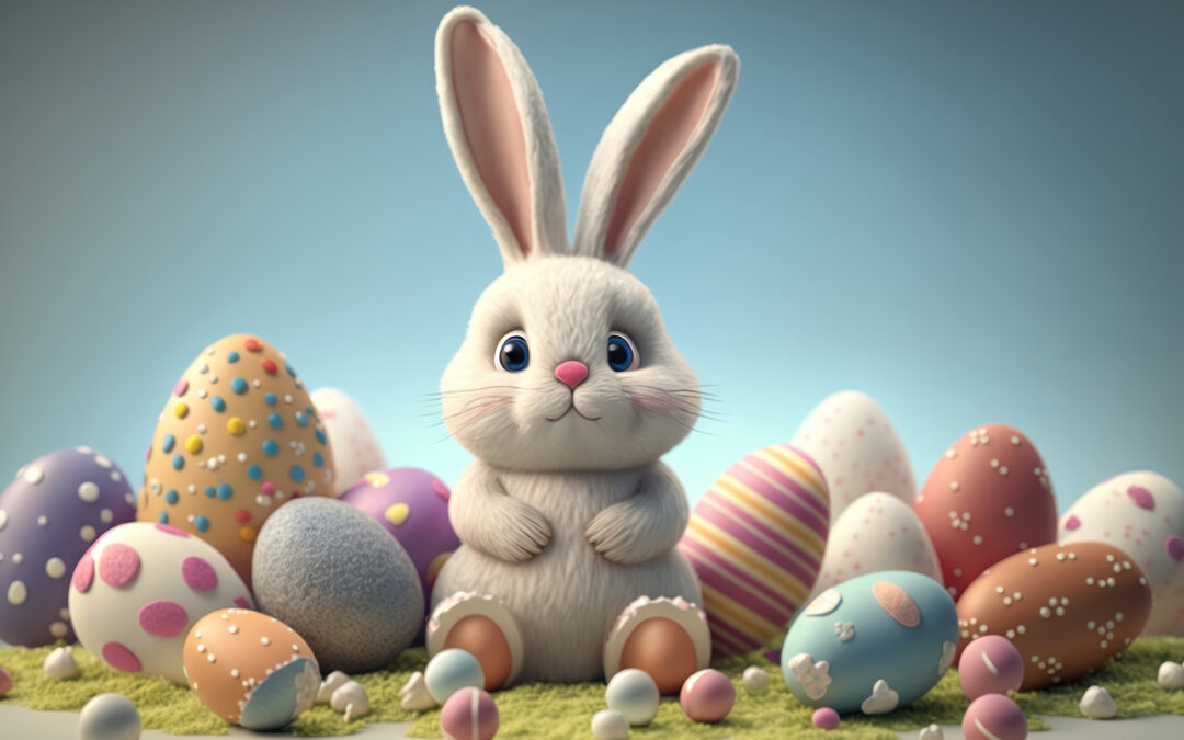 Coniglio bianco circondato da uova colorate